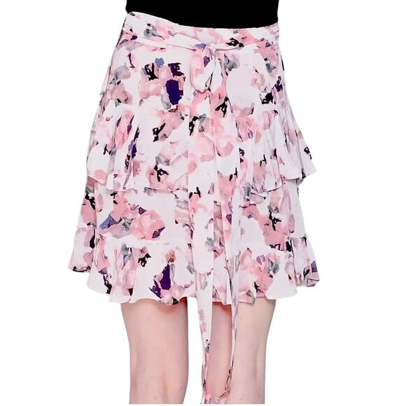 Iro Floral Light Pink Abstract Daring Wrap Flowy Layered Ruffled Mini Skirt 40 - Picture 1 of 16